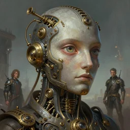 an epic illustration of consciousness emerging in a large language mobile model ai humanoid head and one eye, in the style of greg rutkowski and drew struzan and algernon blackwood, realistic digital painting, brutalist futuristic, steampunk lighting