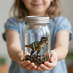 A girl holding a mason jar containing a tiny T-Rex inside