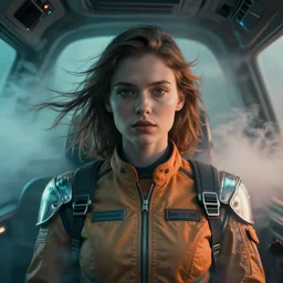 symmetry!!! closeup portrait of a cyborg pilot girl in a cockpit, fashion racing jumpsuit with shiny shoulder pads, cinematic light, windy, teal orange, volumetric smoke, mist, by gerald brom, by mikhail vrubel, by peter elson, muted colors, extreme detail, trending on artstation, 8 k