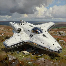 a painting of a crashed star trek spaceship in dartmoor national park landscape, a detailed matte painting by peter madsen, featured on artstation, space art, matte painting, matte drawing, reimagined by industrial light and magic