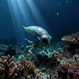 an underwater photo of an alien swimming in a coral reef