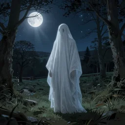 hyper detailed character portrait of a ghostly figure standing in the forest plains of north yorkshire, a clear night, sky full of stars, moon in the sky, moonlight, moonlight god rays, sharp focus, illustration, concept art,