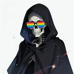 dark shadowy cloaked skeleton wearing rainbow sun glasses, particles and distortion, in the style of Ori Toor