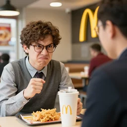 ugly nerd fighting with an mcdonald employee