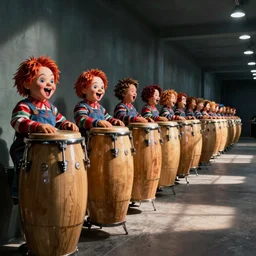 long line of conga screaming chucky dolls