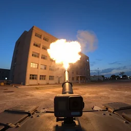 gopro footage from a tank firing at a building, taken by a gopro