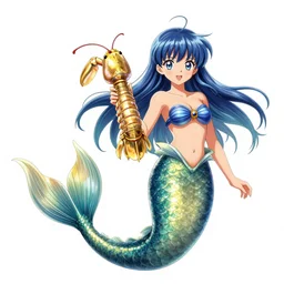 painted portrait of an anime mermaid with a fish body character, wearing a gold blue peacock mantis shrimp crop top jacket, art by yuji ikehata and satoshi kon, background art by miyazaki, proper human proportions, vhs