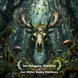 dense haunted forest on an exotic alien planet, jungle gates of antler trees, insectile plants, gnarled stumps and thorny weeds forming demonic moose skull image, by ian miller, rodney matthews and artstation, hyperdetailed, photorealistic render