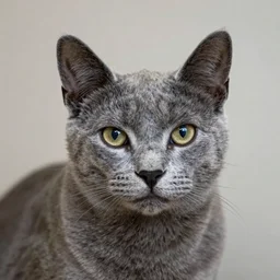 “russian blue cat alert staring at camera ”