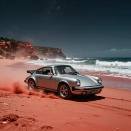 porsche 9 1 1, australian beach, red sand, otherworldly science fiction surrealism landscapes. waves. dust. stars. by chris mars.