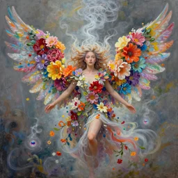 a colorful and provenance portrait painting of angel with her hugeflowers wings spread out gracefully, highly saturated colors, teardrop eyes open, highly detailed, hair made of hair made of air wind and curling smoke, mist, dust, genie, flowers, flower, spirit fantasy concept art, art by charlie bowater and aenami, trending on artstation.