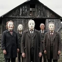 vintage photo of villagers wearing weird masks outside a barn by hilla becher, eerie, bizarre, highly detailed shot, dramatic 8 k uhd