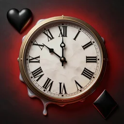 a melting Roman numeral clock, behind a red and black gradient background, awith a black heart shaped on the top left corner and a black diamond card shape in the bottom right corner, dynamic lighting, photorealistic fantasy concept art, trending on art station, stunning visuals, cinematic, creative, ultra detailed