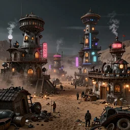 a steampunk village in the desert at night, junk everywhere,neon lights, neon signs, magical atmosphere, mist, steam, photo realistic, 35mm, Matte painting, octane render, 8k, corona render, movie concept art by guido borelli da caluso