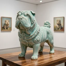 beautiful gallery show studio photograph of a giant realistic rounded ceramic sculpture of a shar pei dog, fractal 3 d structure, celadon glaze, placed on a polished wooden table, colorful hyperrealism 8 k trending on artstation