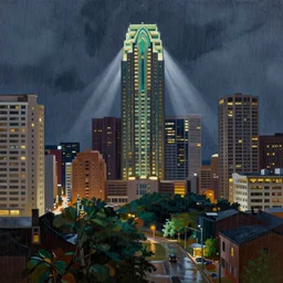 artdeco painting of austin city at night with heavy rainfall