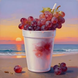 an oil painting of a giant styrofoam cup overflowing with grape juice on the beach, beautiful sunset, surrealism