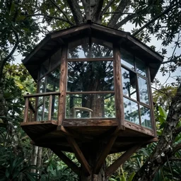 a tree house built with glass, mysterious, sinister, trendy in artstation, hdr