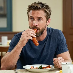Ryan Gosling eating sausage