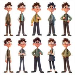 character studies of a nerdy vfx artist, style by pixar, brad bird, comic book style, character model sheet,