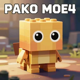 tiny creature made of one brick, big round cute eyes, quadrupedal, cute looking, kawaii, sharp focus, character, game concept art, blocky, lego mixels, flat toon style like katamari damacy inspired, pokemon inspired, promotional poster art