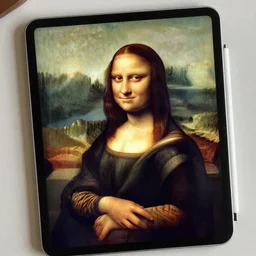 Oil painting of the Mona Lisa on an ipad , raging and being very angry, in the style of Da vinci