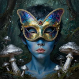 a close - up neoclassicist portrait of a big - eyed alien boy with blue skin wearing an iridescent venetian carnival butterfly mask surrounded by silver mushrooms in a jungle. reflective textures. glowing fog in the background. highly detailed fantasy science fiction painting by norman rockwell, frank frazetta, and syd mead. rich colors, high contrast, gloomy atmosphere, dark background. artstation
