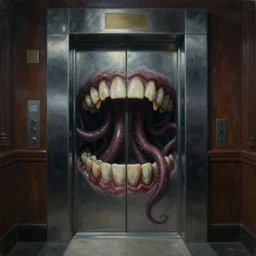 horrifying photorealistic painting of a 1 9 2 5 hotel elevator lobby with teeth instead of elevator doors, opening sideways with a tentacle licking out, dark, atmospheric, brooding, smooth, finely detailed, cinematic, epic, lovecraft, in the style of larry elmore