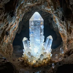 a cave with massive glowing crystals, spiders on the walls, art by donato giancola and greg rutkowski