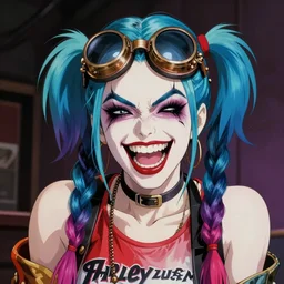 double long braids blue, blue hair, bronze steampunk welding goggles cat - eye, no makeup, tane skin, insane crazy laugh, harley quinn, portrait gapmoe yandere grimdark, trending on pixiv fanbox, painted by greg rutkowski makoto shinkai takashi takeuchi studio ghibli, akihiko yoshida