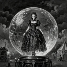 By Tom Bagshaw, ultra realist soft painting of a curiosities carnival by night, very beautiful female dollpunk in full gothic dress transparent glass sphere, symmetry accurate features, very intricate details, omnious sky, black and white, volumetric light clouds