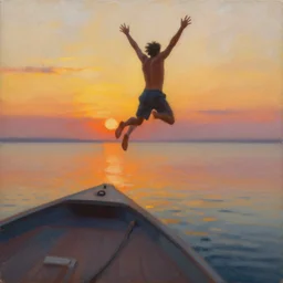 painting of a human jumping off a boat during the sunset, trending on artstation