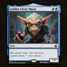 a magic the gathering card of goblin elon musk, the card is shown in it's full glory, high detailed scan, 8 k, elon musk as a goblin