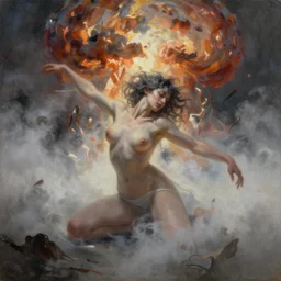 One Thousand Years Of Longing,illustration, chaotic, sexy, desire,mist, Eros, a nuclear explosion background, disintegration,volumetric lighting, soft lighting, soft details, painting oil on canvas by Edmund Blair Leighton and Charlie Bowater octane render, HDR, trending on artstation, 4k, 8k, HD