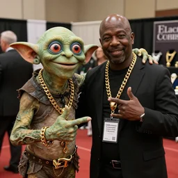 gollum and mr. t wearing gold chains at a jewelry conference