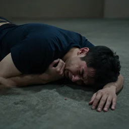 a photo of a man failing to do a simple exercise lying flat on the ground crying he can't do it failure grainy sad tears depressing