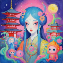 acrylic painting of a bizarre psychedelic woman in japan surrounded by whimsy and magic, mixed media collage by basquiat and jackson pollock, maximalist magazine collage art, retro psychedelic illustration