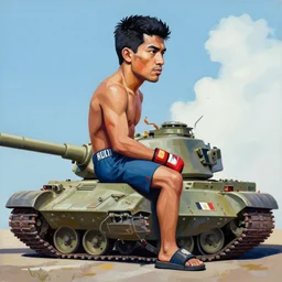 greg manchess side portrait of a filipino mma fighter sitting on a tank, organic painting, sunny day, matte painting, bold shapes, hard edges, street art, trending on artstation, by huang guangjian, gil elvgren, ruan jia, randy vargas, greg rutkowski