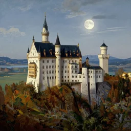 an exceptional oil landscape painting of a medieval castle on a beautiful landscape with lake, forest, jagged mountains in the distance, the moon is ultra high resolution in the sky, high resolution albert bierstadt