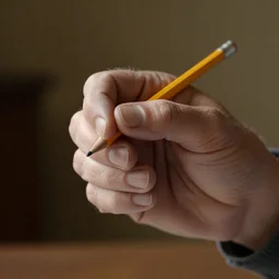 close up photo of an old man's hand holding a pencil,