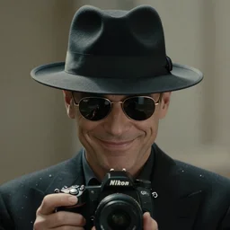 film still, extreme long shot, of an enigmatic mysterious man, psycho killer, making the best smug smile, face unseen by wearing a luxury designer fedora and chopard sunglasses, expensive outfit, elegant, casual, intricate, symmetrical, realistic, rich moody colors, by annie leibovitz, nikon d 8 5 0 camera, photoshopped