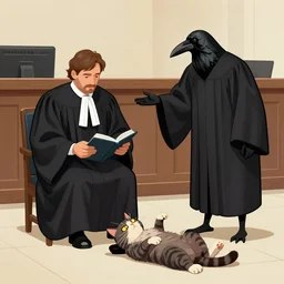 a crow wearing judges robes sentences a cat to death for the crime of genocide, courtroom drawing