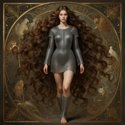 cute medieval woman with a beautiful face and eyes, long hair, wearing a chainmail romper, long legs, fantasy, intricate, full body shot, sexy, highly detailed, digital painting, artstation, concept art, wallpaper, smooth, sharp focus, realistic photo by artgerm and greg rutkowski and alphonse mucha