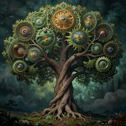 divine chaos engine by roger dean and andrew ferez, tree of life, symbolist, visionary, detailed, realistic, surreality, art forms of nature by ernst haeckel, deep rich moody colors, botanical fractal structures