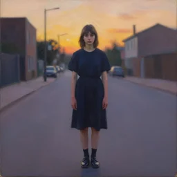 portrait of a girl standing in an empty street by john chamberlain, sunset colors