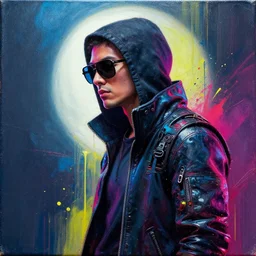 a beautiful cyberpunk hacker wearing sunglasses, side portrait, passionate, spotlight, paint drips, paint splatter, vibrant colors, dramatic, canvas texture, futuristic clothing, by marco paludet and gianni strino and marion bolognesi