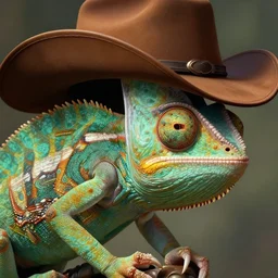 a chameleon in a cowboy hat, closeup, D&D, fantasy, intricate, elegant, highly detailed, digital painting, artstation, concept art, matte, sharp focus, illustration, hearthstone, art by Artgerm and Greg Rutkowski and Alphonse Mucha