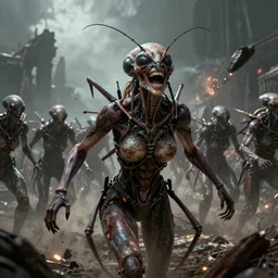 insectoid woman, destroying an army, laughing, destruction, apocalypse, hyperrealistic, cinematic, digital art, artstation, concept art, 4k, 8k