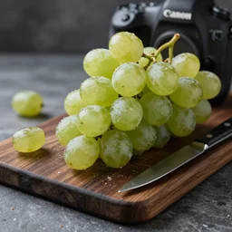 photograph of delicious grapes on a dark wooden chopping board, professional food photography, muted colors, photorealistic, depth of field, dust, knife, 4 k, canon 1 d, bohek