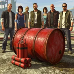 red rusty oil - drum with a pack of dynamite on it's side in gta v, stephen bliss, unreal engine, fantasy art by greg rutkowski, loish, rhads, ferdinand knab, makoto shinkai and lois van baarle, ilya kuvshinov, rossdraws, tom bagshaw, global illumination, detailed and intricate environment